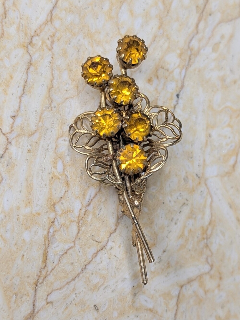 Vintage Floral Amber Yellow Gold Tone Flower Bouquet Brooch Pin
